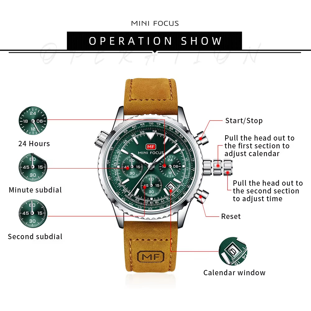 MINI FOCUS Fashion Sports Watch for Men Luxury Brand Multifunction Quartz Waterproof Watches Genuine Leather Belt Luminous 0463