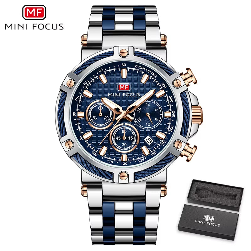MINI FOCUS Sports Quartz Watch for Men Fashion Multifunction Sub-Dials Calendar Stainless Steel Strap Luxury Mens Watches 0470G