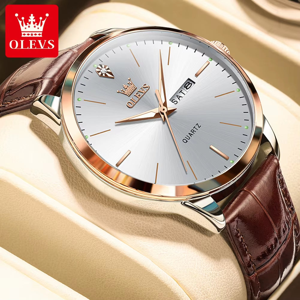 Fashion Business Brand Original Men Watches Leather Strap Trend Week Calendar Quartz Watch Luminous Waterproof 43Mm Dial