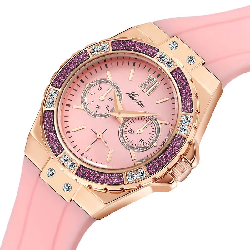 Women'S Watches Chronograph Rose Gold Sport Watch Ladies Diamond Blue Rubber Band Xfcs Analog Female Quartz Wristwatch