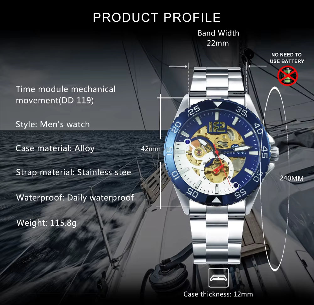 Steampunk Skeleton Mens Watch Blue Rotatable Bezel Luxury Automatic Mechanical Watches Stainless Steel Band Wristwatch