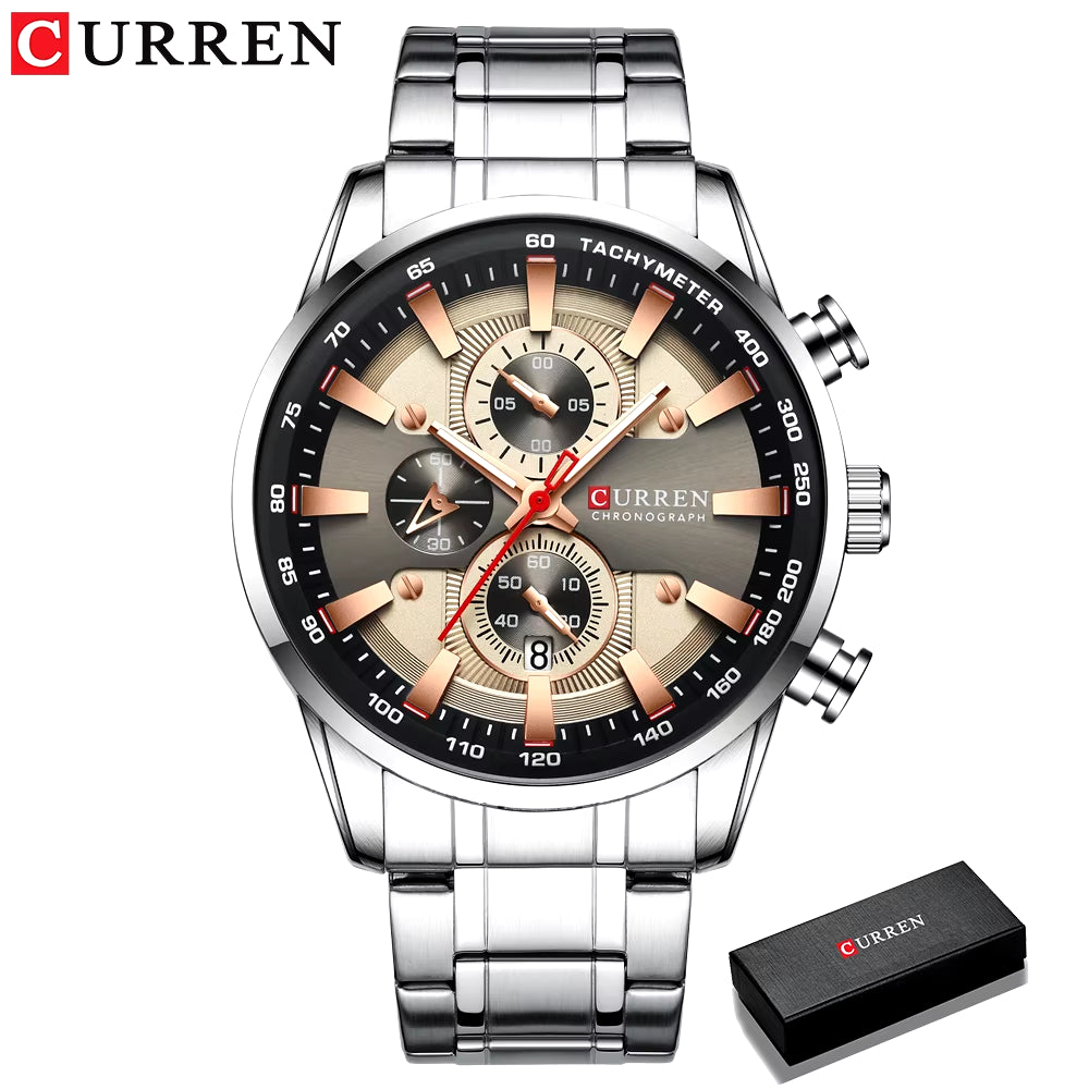 Man Watches Luxury Sporty Chronograph Wristwatches for Men Quartz Stainless Steel Band Clock Luminous Hands