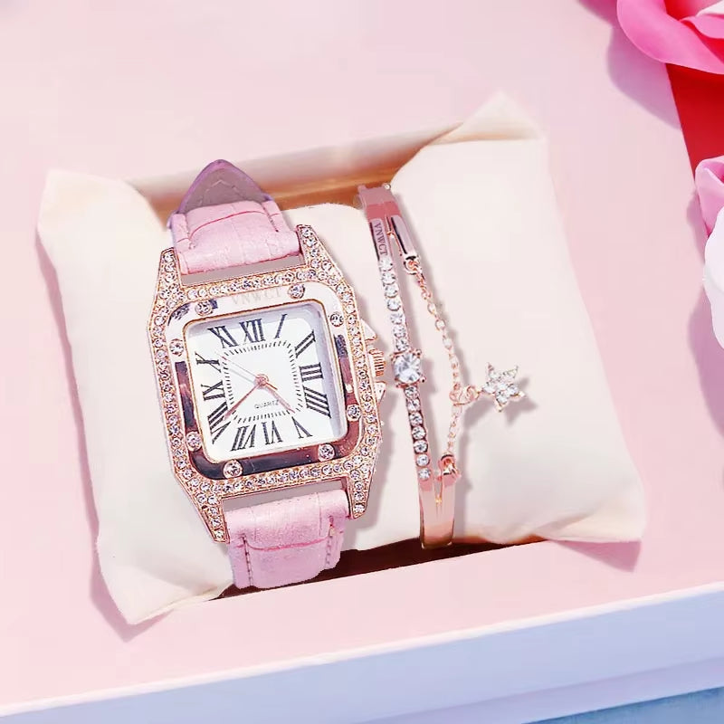 Women Diamond Watch Starry Luxury Bracelet Set Watches Ladies Casual Leather Band Quartz Wristwatch Female Clock Zegarek Damski