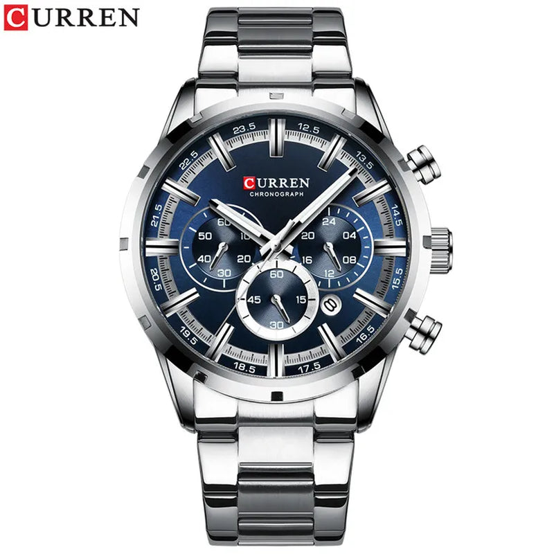 Men'S Watch Blue Dial Stainless Steel Band Date Mens Business Male Watches Waterproof Luxuries Men Wrist Watches for Men