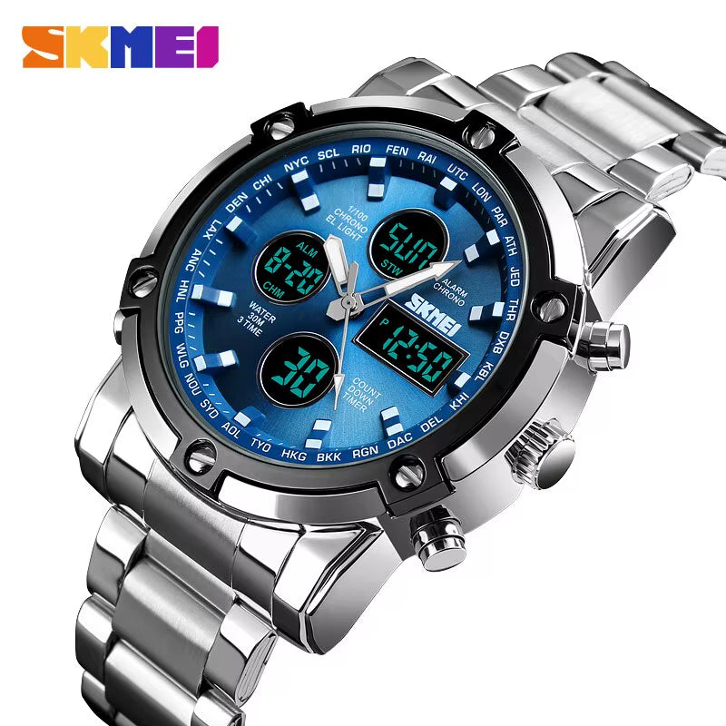 3 Time Back Light Display Digital Watches Mens Full Steel Strap Quartz Wristwatch Countdown Clock Relogio Masculino