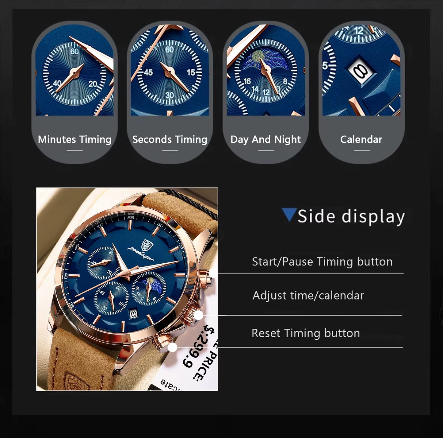 Luxury Man Wristwatch Sports Leather Men Quartz Watch Waterproof Luminous Calendar Chronograph Men'S Watches Male Clock