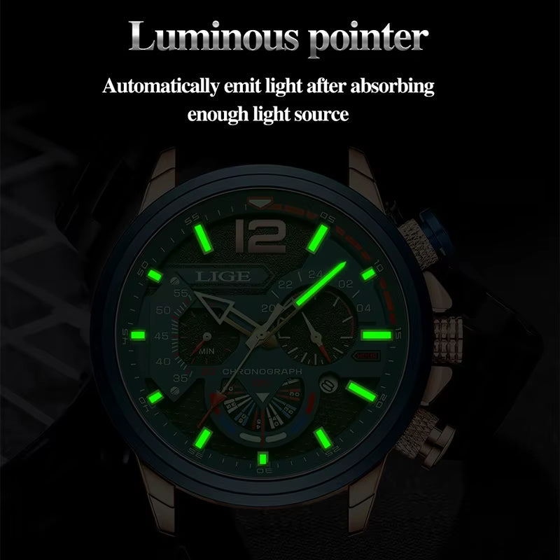 LIGE Top Brand Luxury Men Watches Luminous Date Quartz Wristwatch Waterproof Leather Watch for Men Chronograph Relogio Masculino