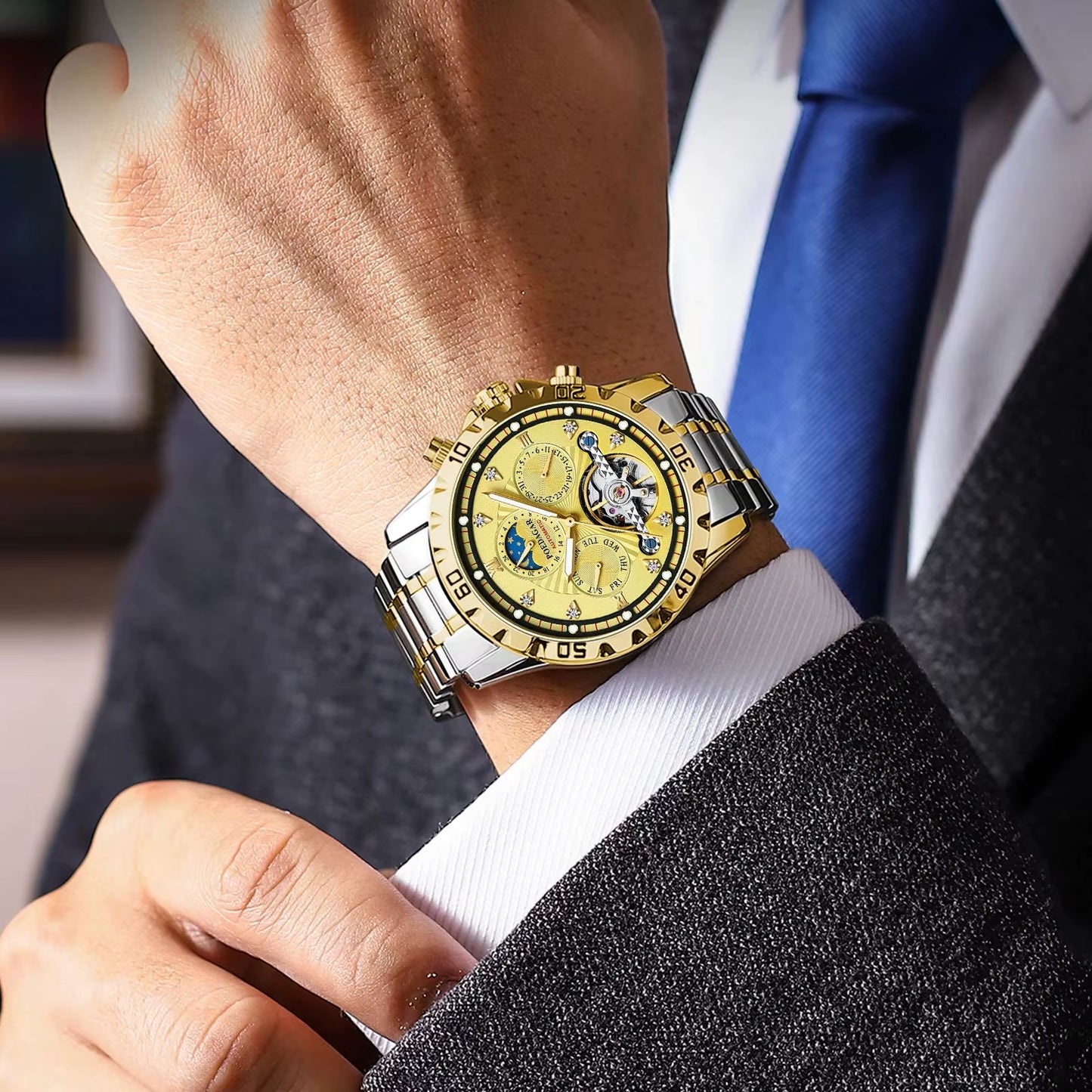 Luxury Automatic Mechanical Watch Tourbillon Waterproof Luminous Date Week Men Wristwatch Stainless Steel Men'S Watches