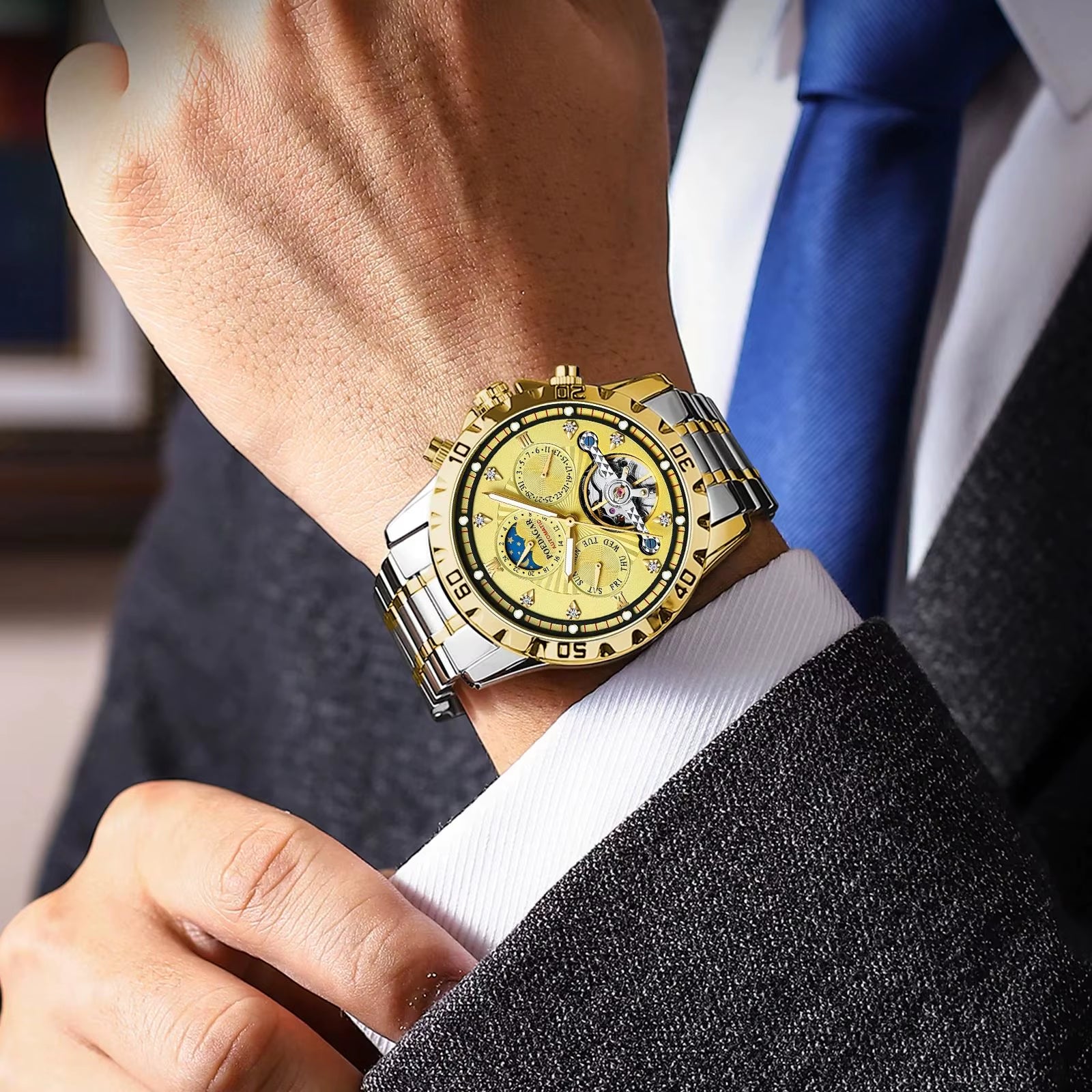 Luxury Automatic Mechanical Watch Tourbillon Waterproof Luminous Date Week Men Wristwatch Stainless Steel Men'S Watches