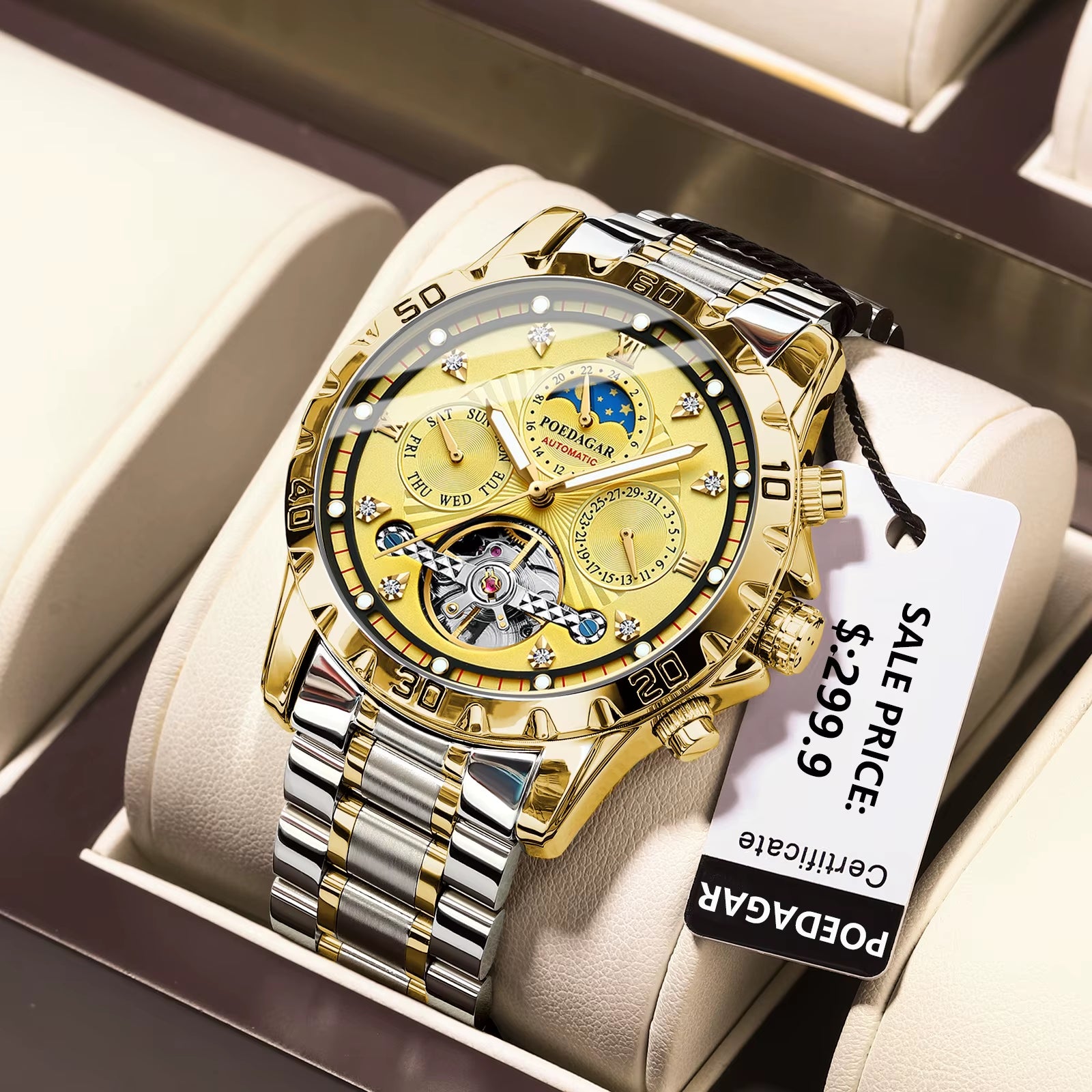 Luxury Automatic Mechanical Watch Tourbillon Waterproof Luminous Date Week Men Wristwatch Stainless Steel Men'S Watches