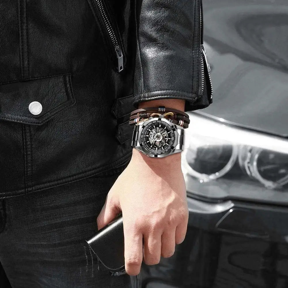 2021 Stainless Steel Waterproof Mens Skeleton Watches Top Brand Luxury Transparent Mechanical Sport Male Wrist Watches