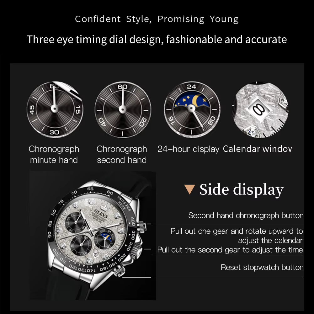 Top Brand Men'S Watches Classic Retro Wristwatch for Man Waterproof Silicone Strap Luminous Moon Phase Chronograph Fashion