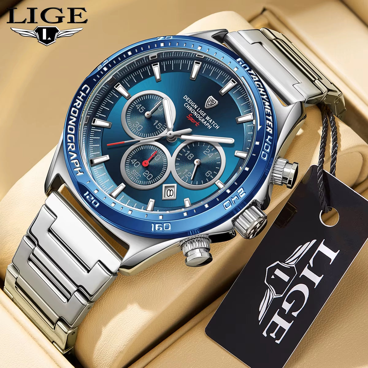Fashion Luxury Quartz Men'S Watches Big Dial Design Waterproof Lumoinous Watch Auto Calendar Stainless Band Sport Clock+Box