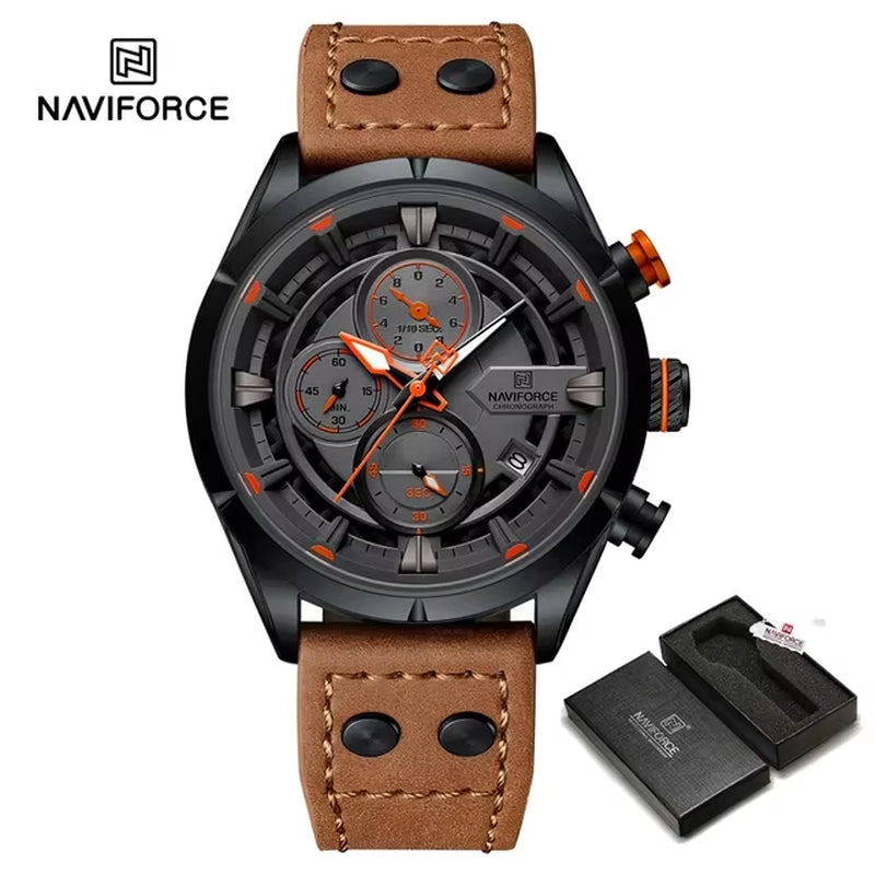 NAVIFORCE Watches for Men with Box Fashion Waterproof Chronograph Quartz Watches Leather Strap Mens Watch Relogios Masculino