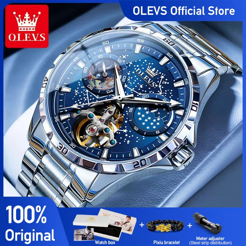 Original Brand Men'S Watches Waterproof Multifunctional Luminous Fully Automatic Mechanical Watch Moon Phase Starry Disk