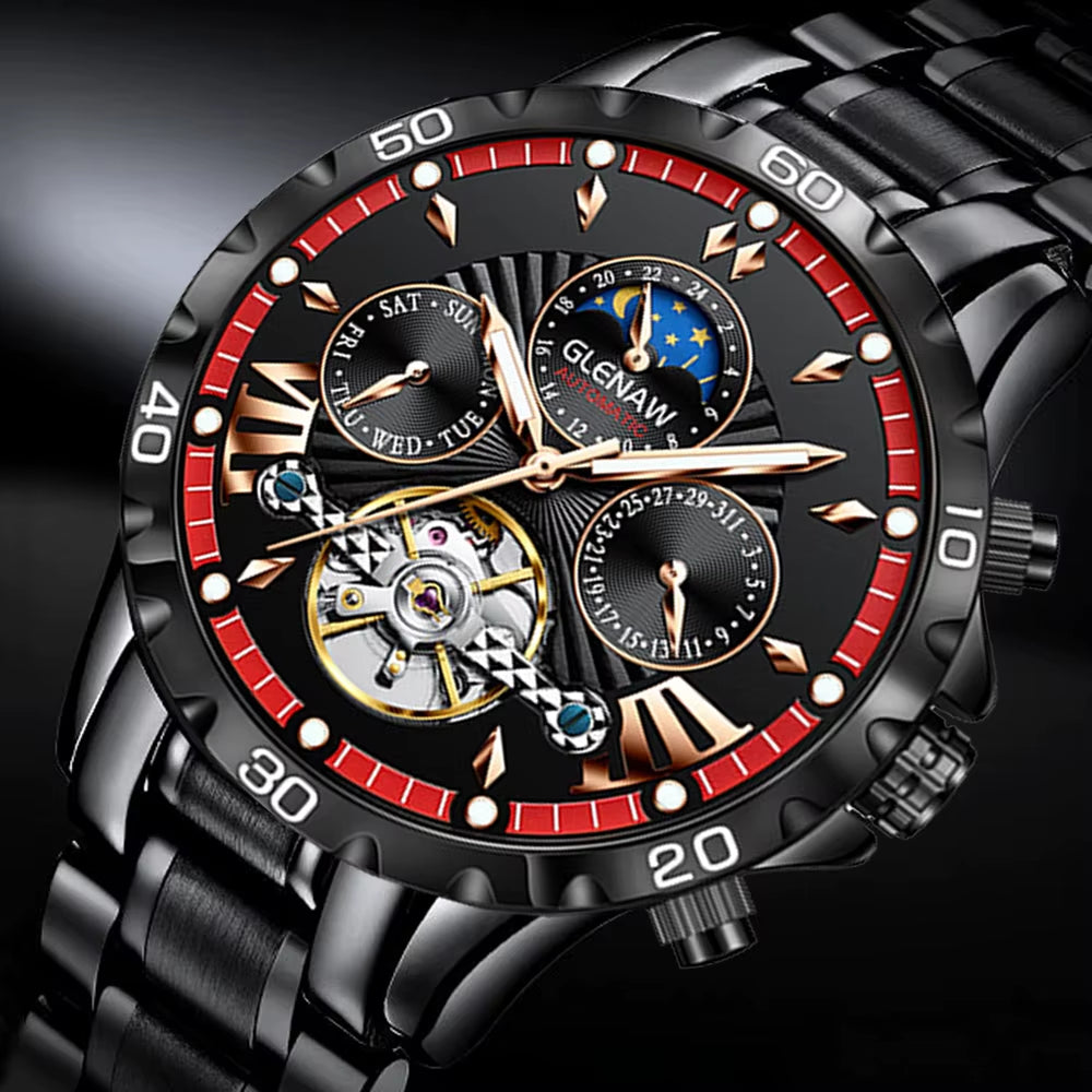 High Quality Mens Business Watch Gentleman Style Stainless Steel Leisure Mechanical Watch Clock Luminous Black Watches