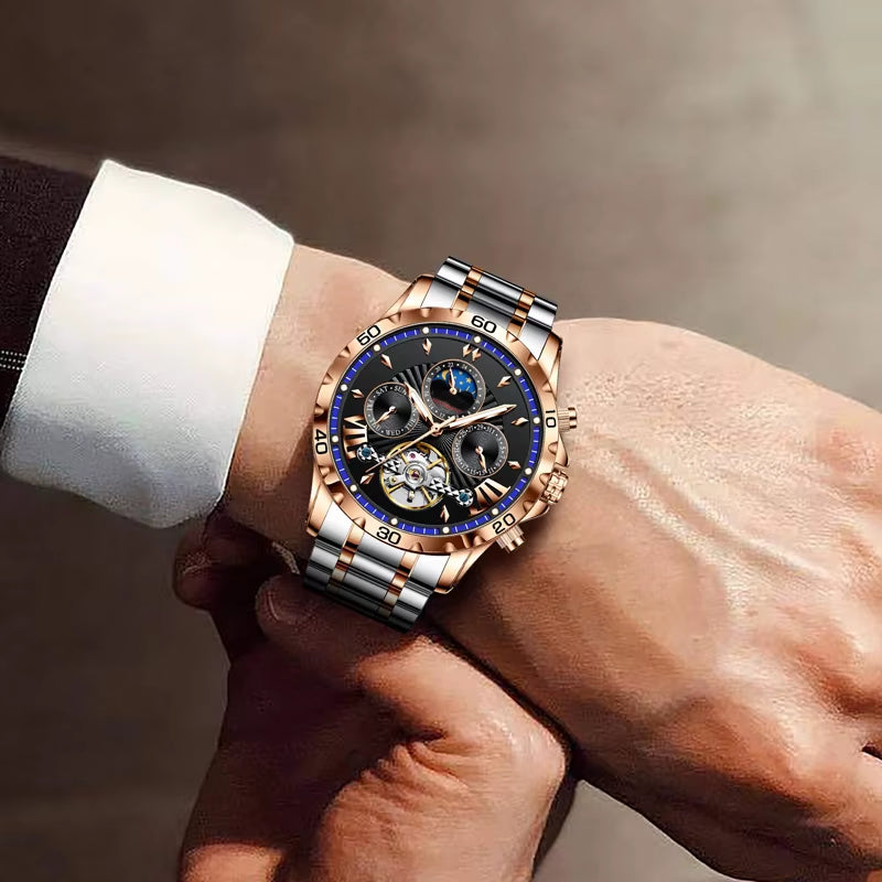 High Quality Mens Business Watch Gentleman Style Stainless Steel Leisure Mechanical Watch Clock Luminous Black Watches