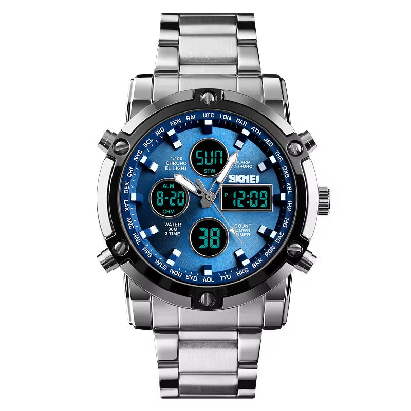 3 Time Back Light Display Digital Watches Mens Full Steel Strap Quartz Wristwatch Countdown Clock Relogio Masculino