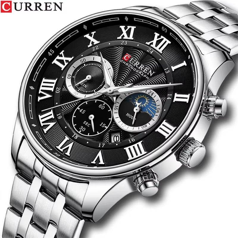 8427 Men'S Quartz Watch Chronograph Calendar Stainless Steel Luminous Business Watches Male Часы Мужские Наручные