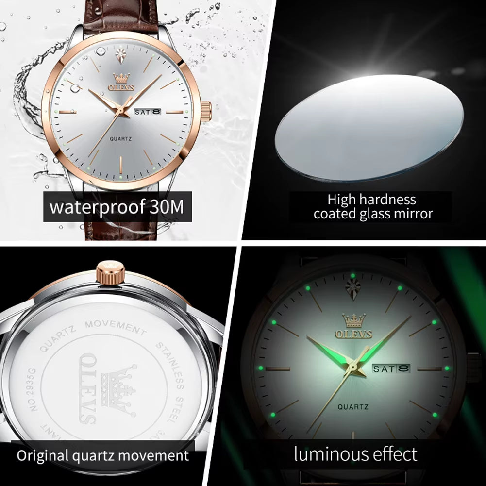 Fashion Business Brand Original Men Watches Leather Strap Trend Week Calendar Quartz Watch Luminous Waterproof 43Mm Dial