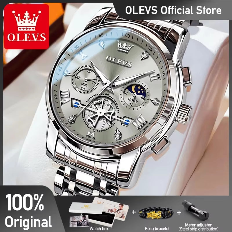 Men'S Watches Classic Multifunctional Fltwheel Chronograph Original Quartz Wristwatch Moon Phase 24 Hour Waterproof Reloj