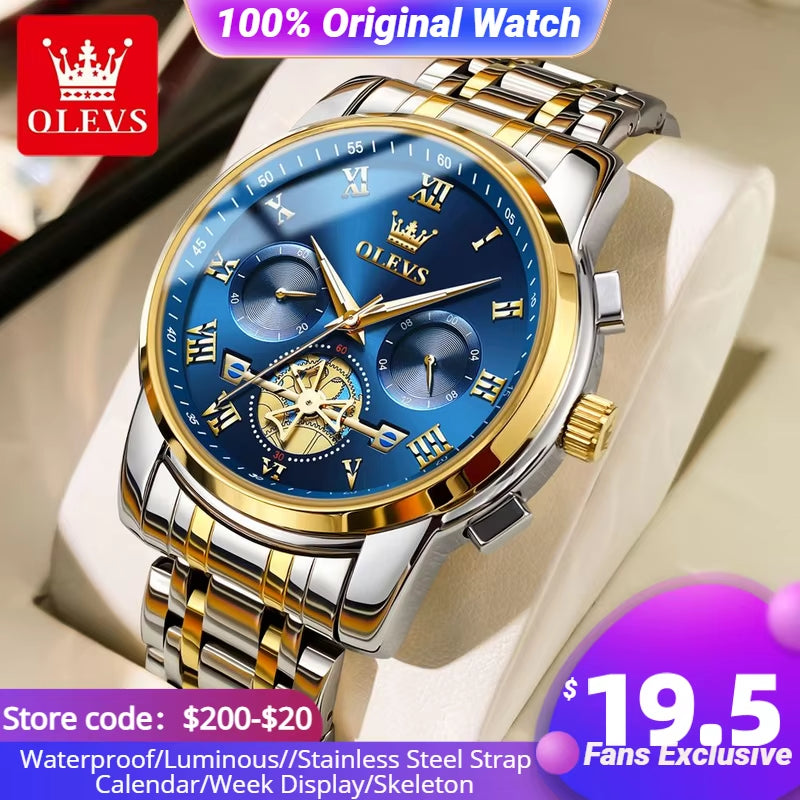 Watch for Men Luxury Multifunction Waterproof Luminous Stainless Steel Calendar/Week Display Business Top Quartz Men Watch
