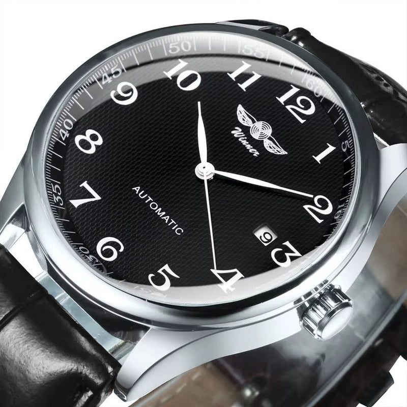 Winner Classic Business Watch for Men Retro Calendar Blue Hands Automatic Mechanical Watches Top Brand Luxury Steel Leather Belt