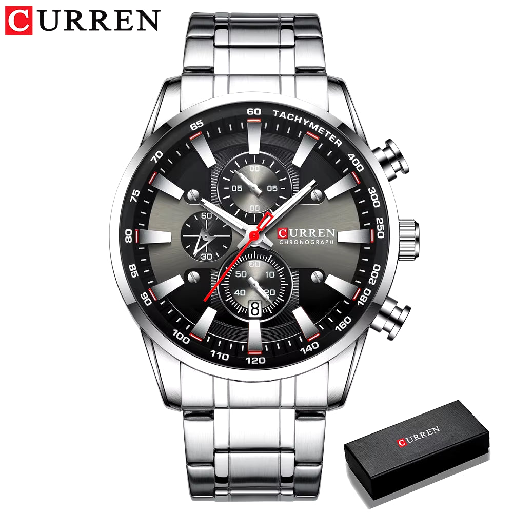 Man Watches Luxury Sporty Chronograph Wristwatches for Men Quartz Stainless Steel Band Clock Luminous Hands