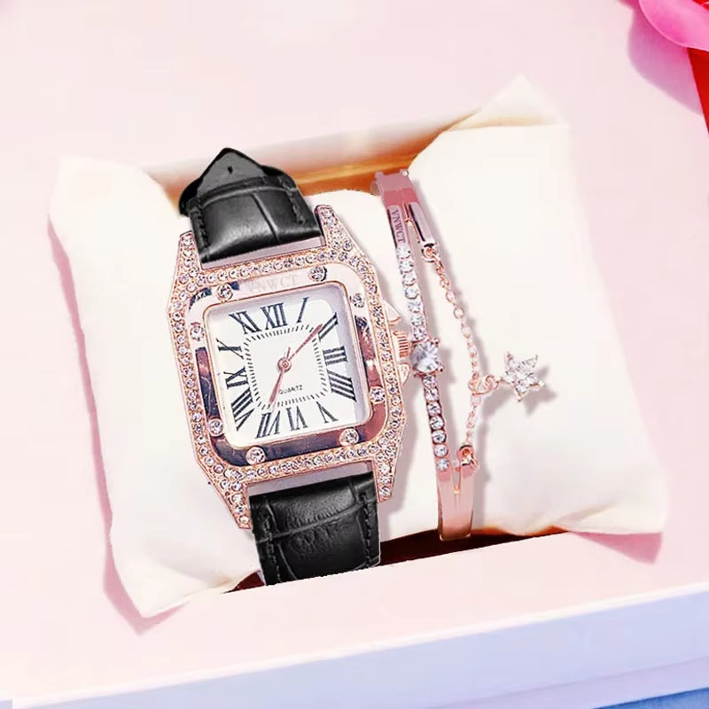 Women Diamond Watch Starry Luxury Bracelet Set Watches Ladies Casual Leather Band Quartz Wristwatch Female Clock Zegarek Damski