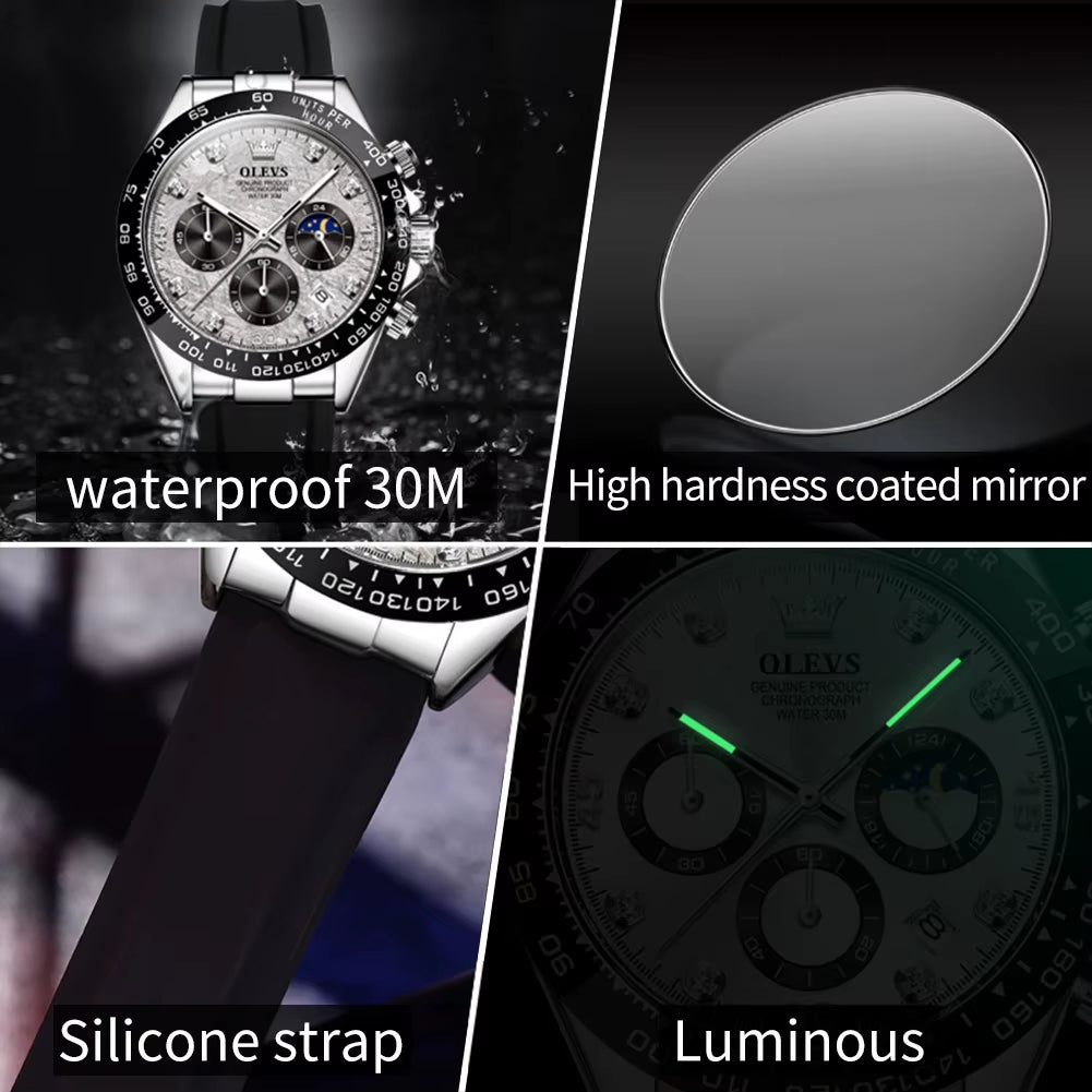 Top Brand Men'S Watches Classic Retro Wristwatch for Man Waterproof Silicone Strap Luminous Moon Phase Chronograph Fashion