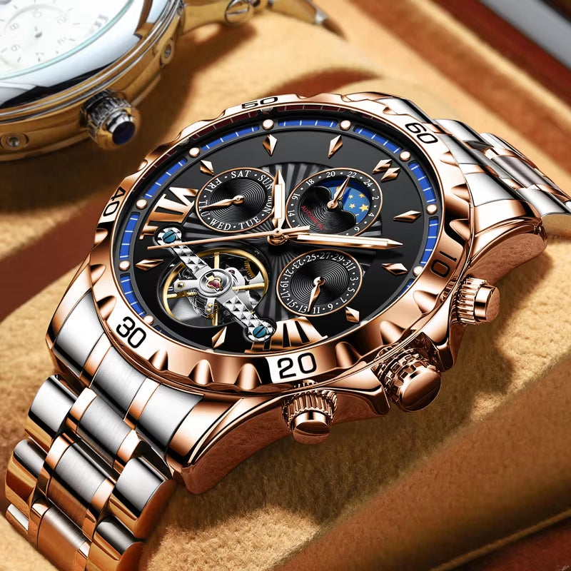 High Quality Mens Business Watch Gentleman Style Stainless Steel Leisure Mechanical Watch Clock Luminous Black Watches