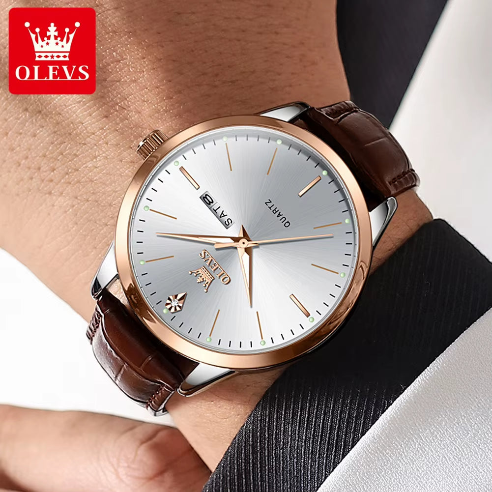 Fashion Business Brand Original Men Watches Leather Strap Trend Week Calendar Quartz Watch Luminous Waterproof 43Mm Dial