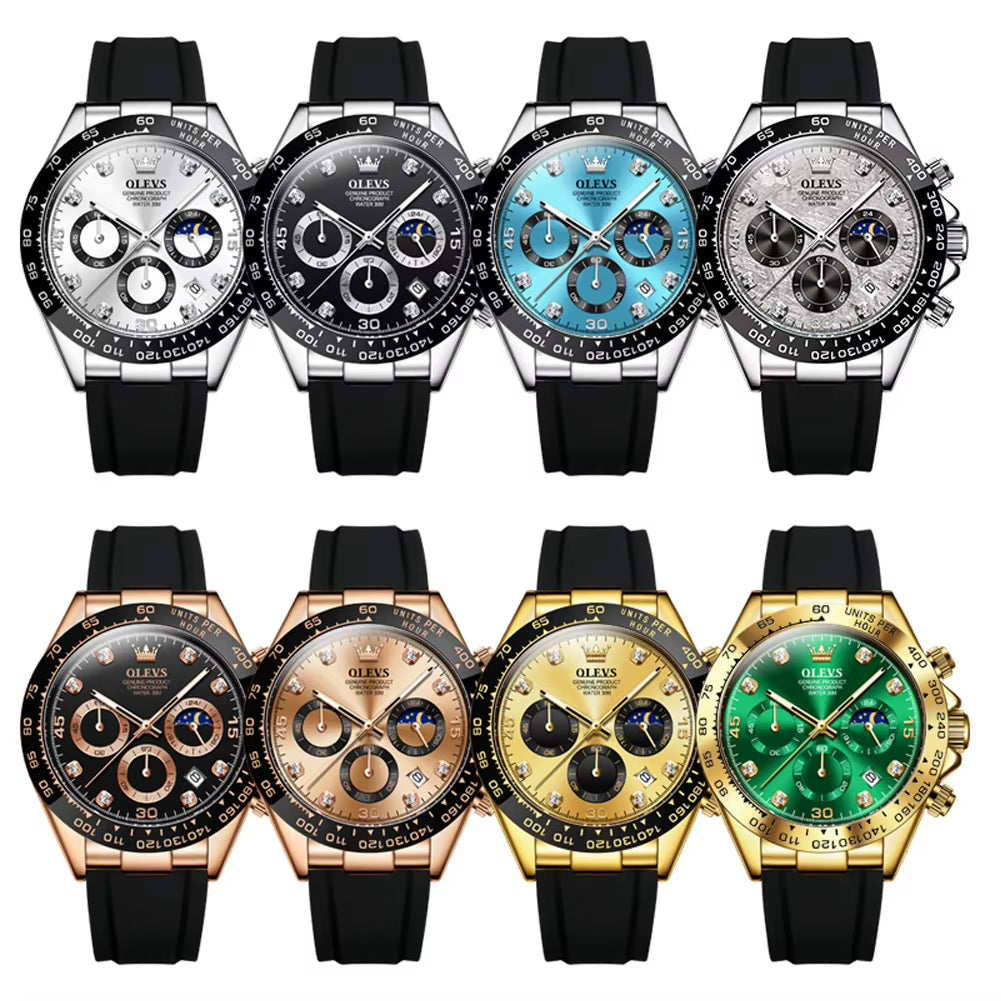 Top Brand Men'S Watches Classic Retro Wristwatch for Man Waterproof Silicone Strap Luminous Moon Phase Chronograph Fashion