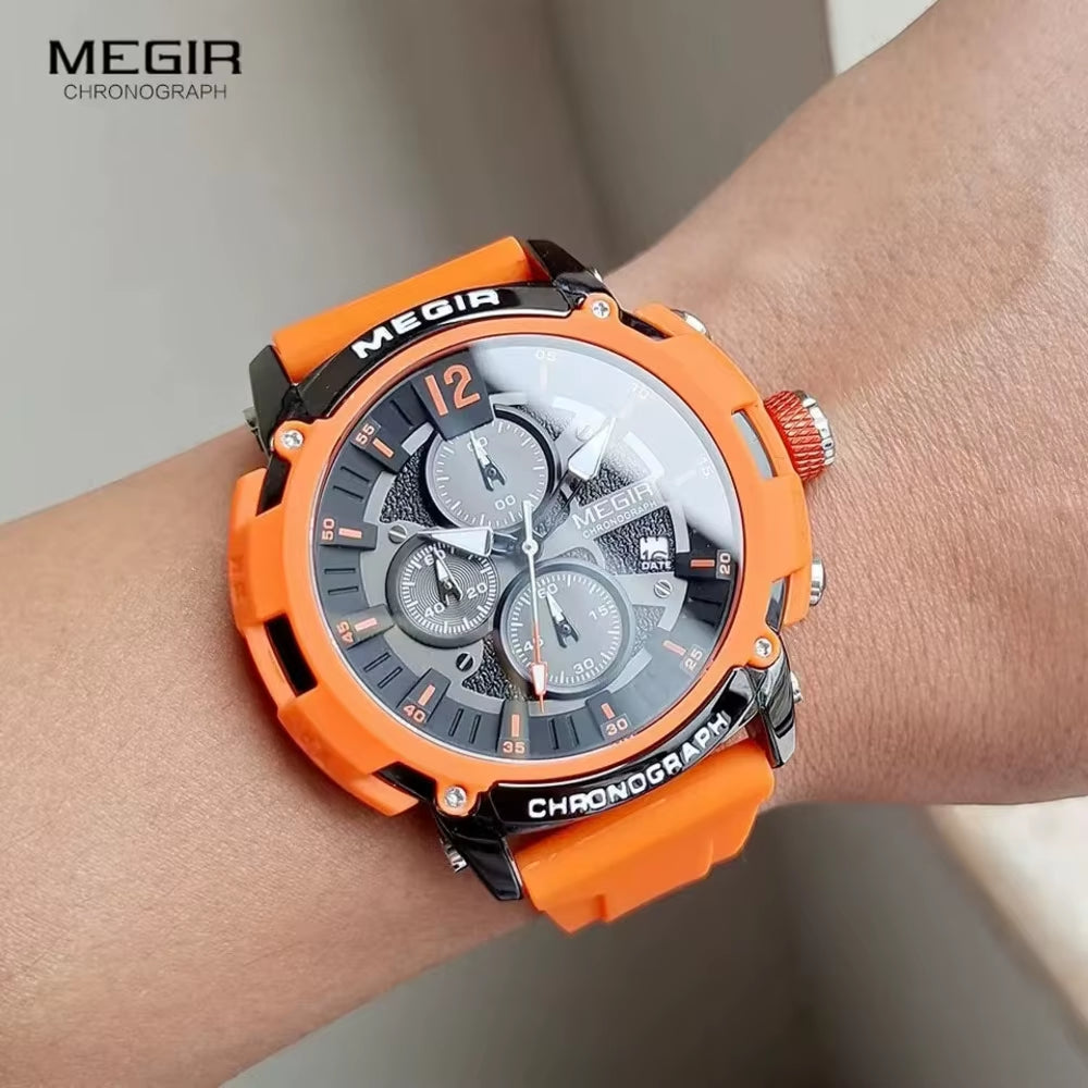 Orange Sport Watches for Men Fashion Waterproof Luminous Chronograph Quartz Wristwatch Auto Date Silicone Strap 2208 Reloj