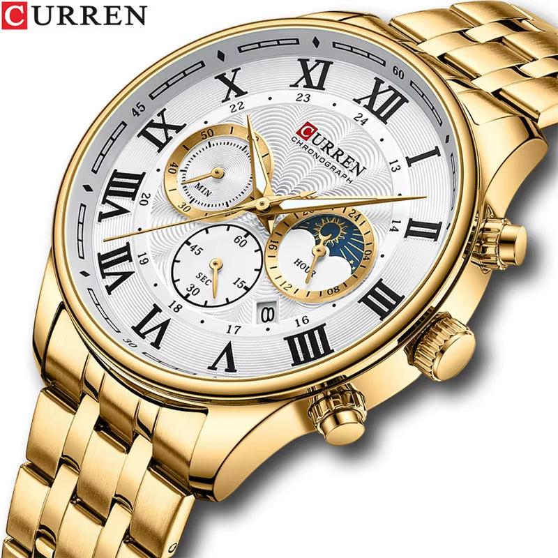 8427 Men'S Quartz Watch Chronograph Calendar Stainless Steel Luminous Business Watches Male Часы Мужские Наручные