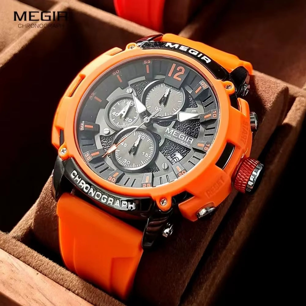 Orange Sport Watches for Men Fashion Waterproof Luminous Chronograph Quartz Wristwatch Auto Date Silicone Strap 2208 Reloj
