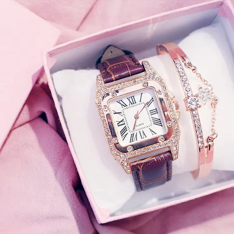 Women Diamond Watch Starry Luxury Bracelet Set Watches Ladies Casual Leather Band Quartz Wristwatch Female Clock Zegarek Damski