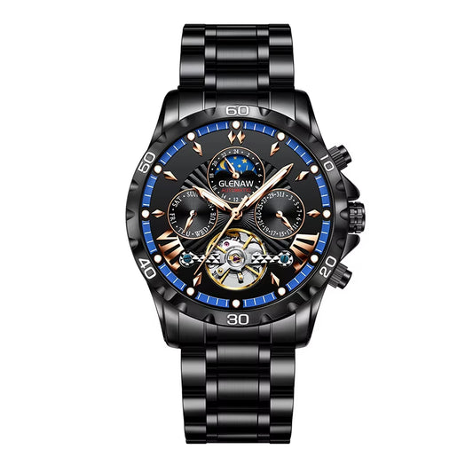 High Quality Mens Business Watch Gentleman Style Stainless Steel Leisure Mechanical Watch Clock Luminous Black Watches