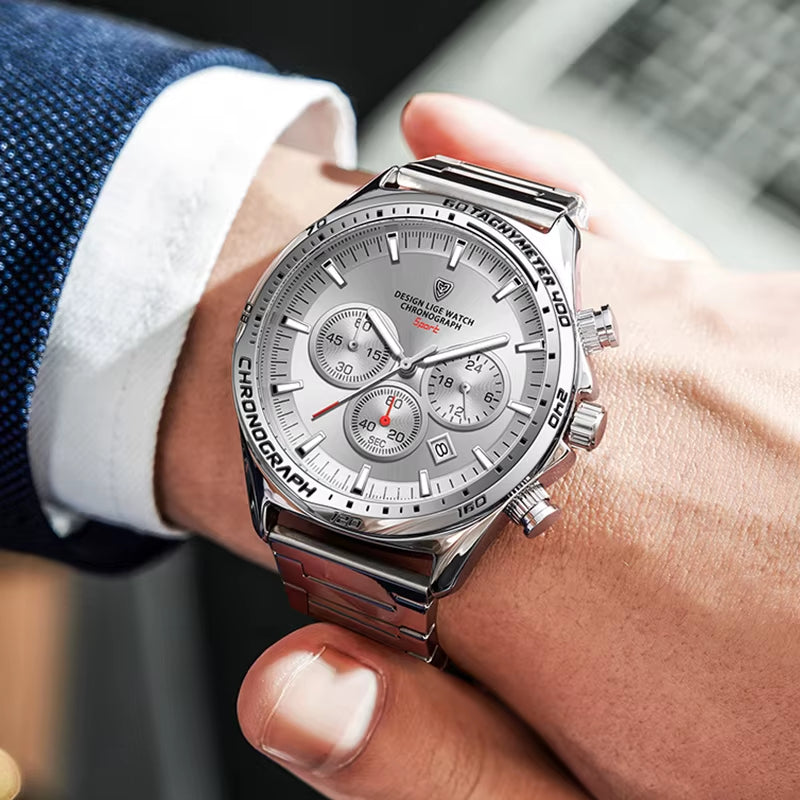 Fashion Luxury Quartz Men'S Watches Big Dial Design Waterproof Lumoinous Watch Auto Calendar Stainless Band Sport Clock+Box