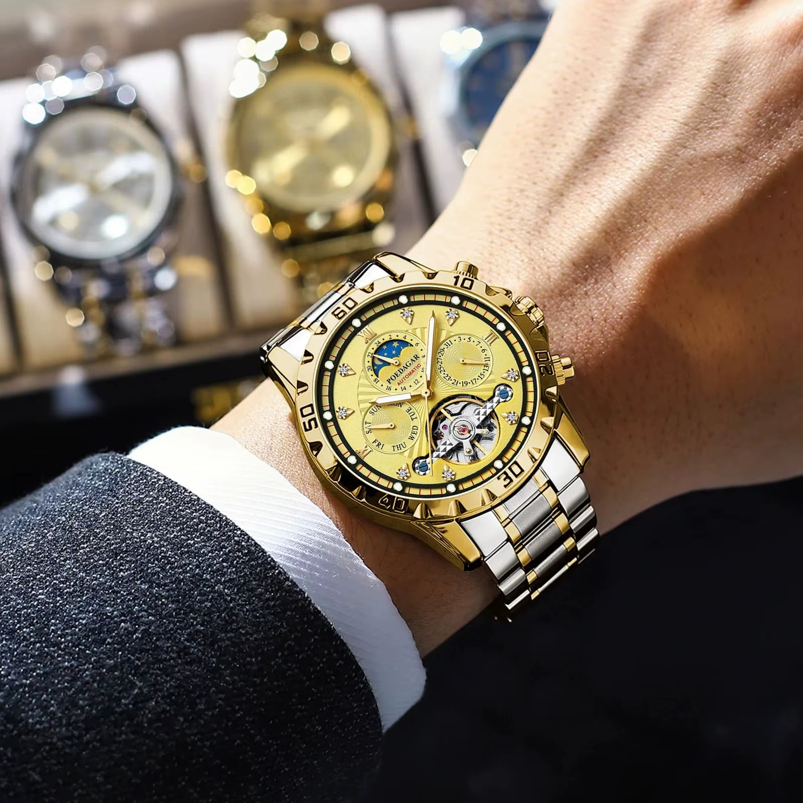 Luxury Automatic Mechanical Watch Tourbillon Waterproof Luminous Date Week Men Wristwatch Stainless Steel Men'S Watches