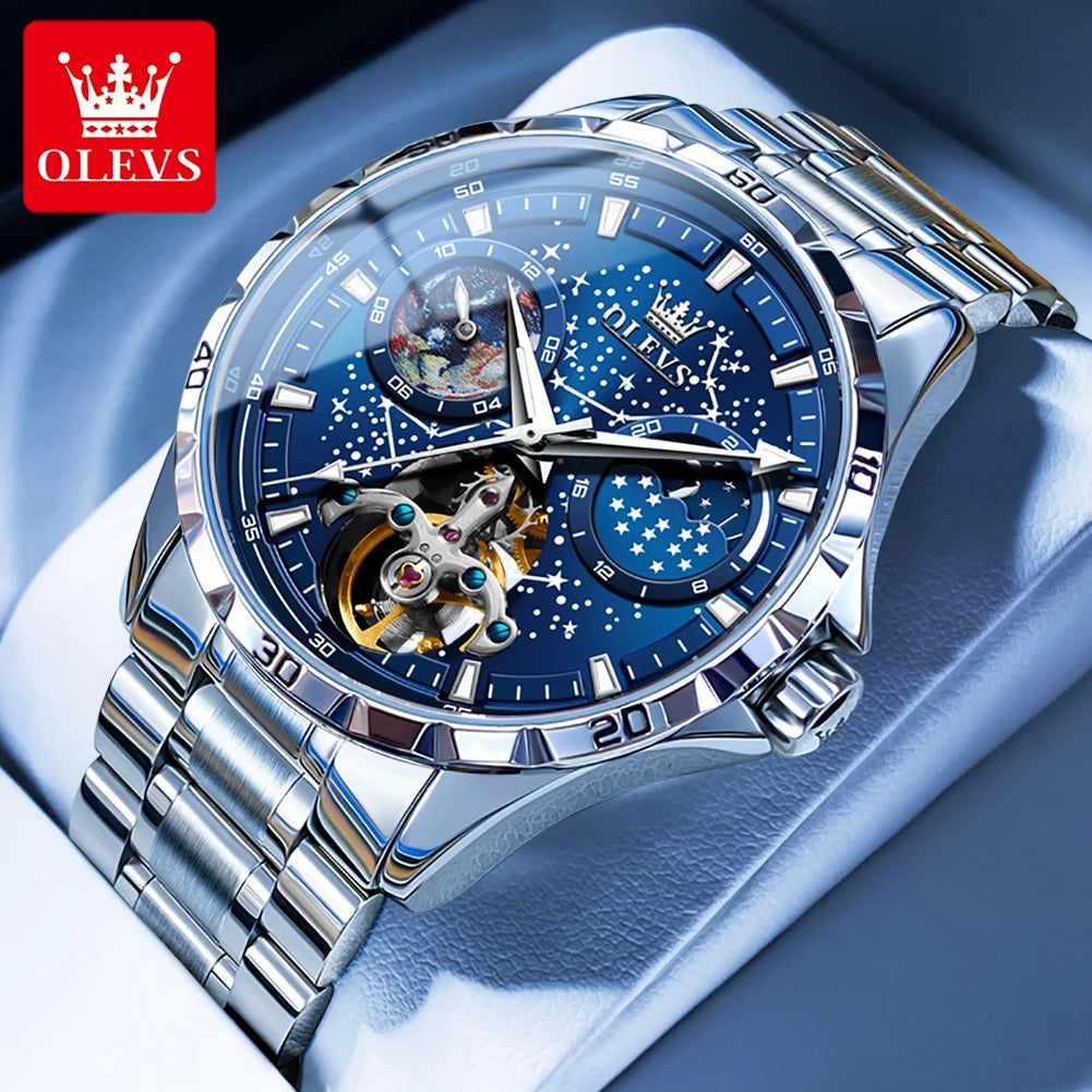 Original Brand Men'S Watches Waterproof Multifunctional Luminous Fully Automatic Mechanical Watch Moon Phase Starry Disk