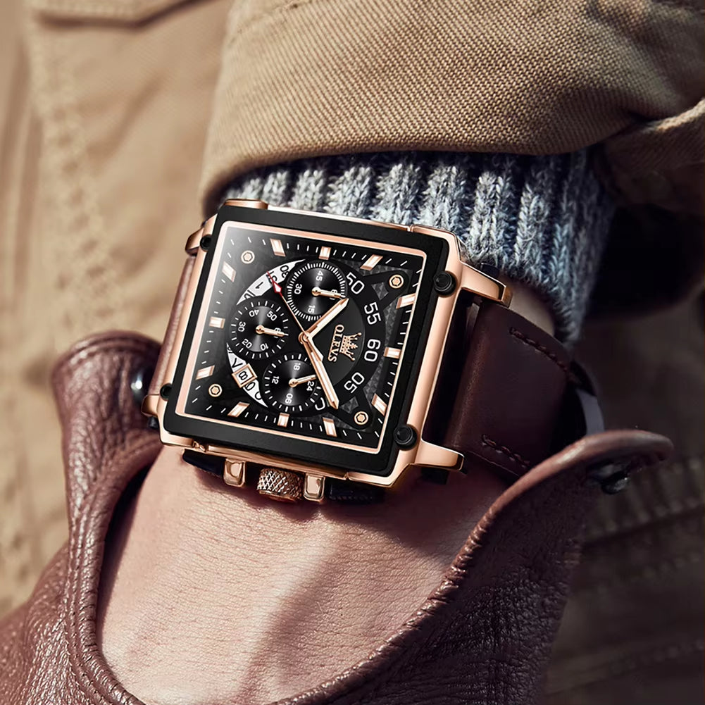 Original Watch for Men Top Brand Luxury Hollow Square Sport Watches Fashion Leather Strap Waterproof Quartz Wristwatch