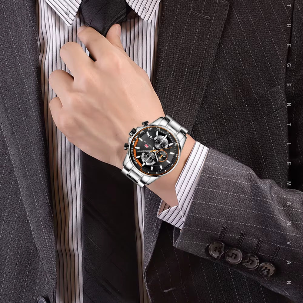 MINI FOCUS Sports Chronograph Mens Watch Fashion Multifunction Quartz Waterproof Watches Luxury Brand Stainless Steel Band Clock