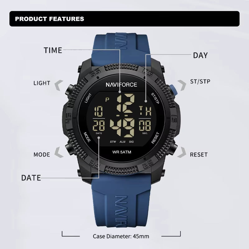 Men'S Fashion LCD Digital Wristwatch 50M Waterproof Sports Silicone Strap Watches for Man Casual Electronic Male Clock