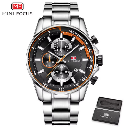 MINI FOCUS Sports Chronograph Mens Watch Fashion Multifunction Quartz Waterproof Watches Luxury Brand Stainless Steel Band Clock