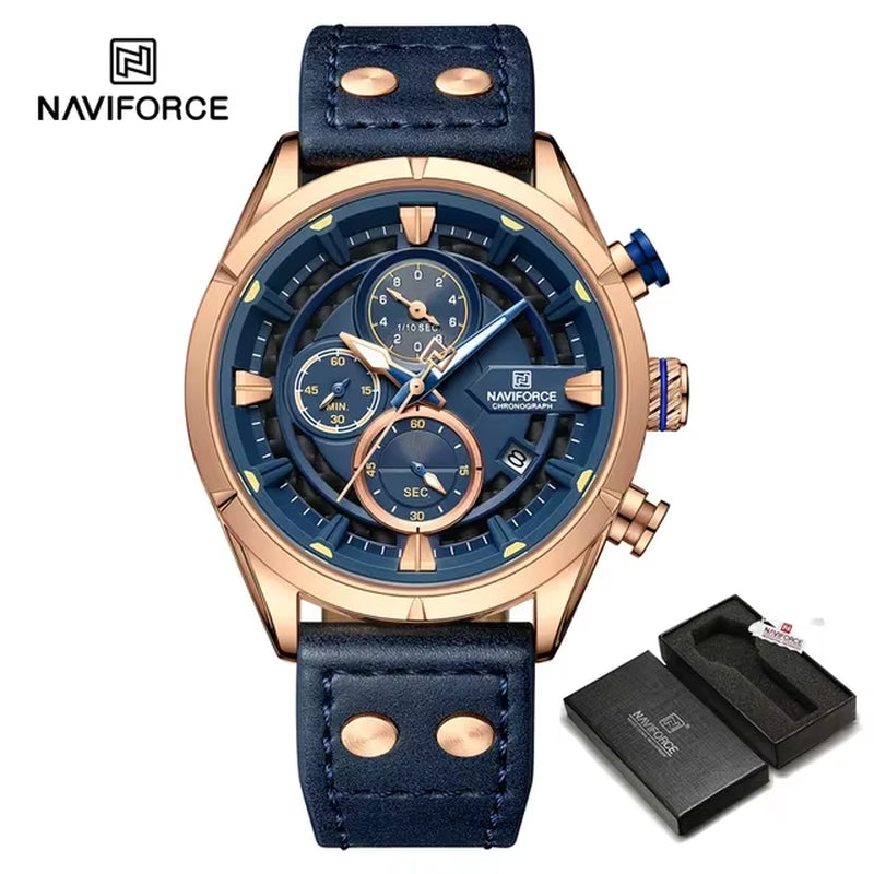 NAVIFORCE Watches for Men with Box Fashion Waterproof Chronograph Quartz Watches Leather Strap Mens Watch Relogios Masculino