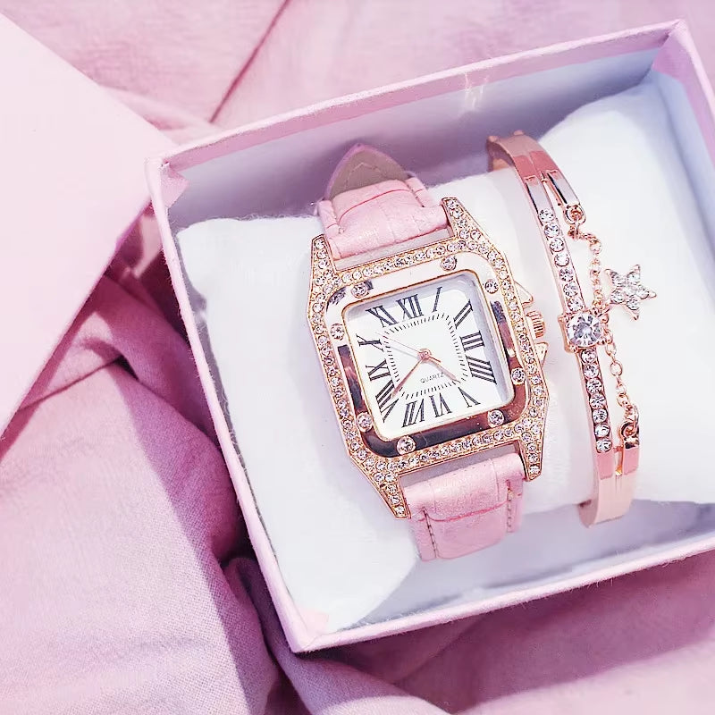 Women Diamond Watch Starry Luxury Bracelet Set Watches Ladies Casual Leather Band Quartz Wristwatch Female Clock Zegarek Damski