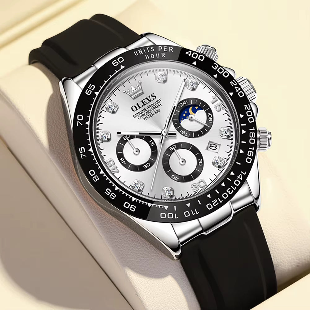 Top Brand Men'S Watches Classic Retro Wristwatch for Man Waterproof Silicone Strap Luminous Moon Phase Chronograph Fashion