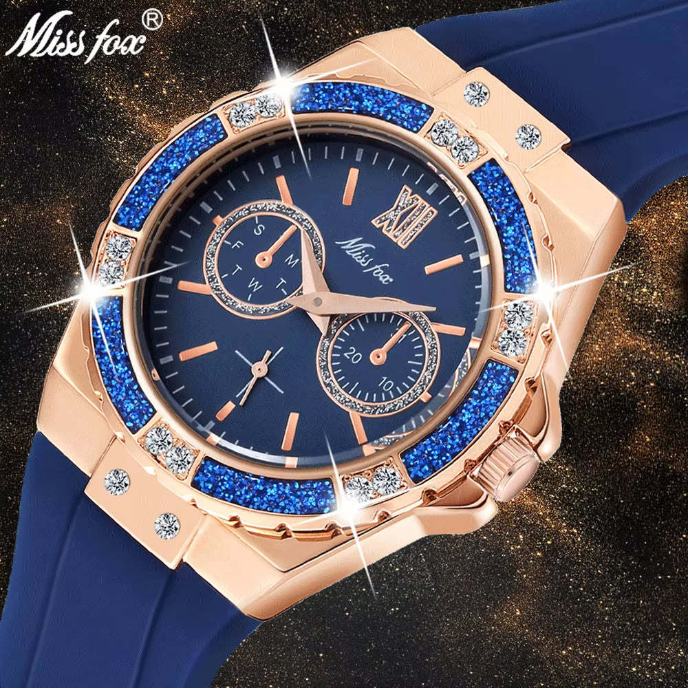 Women'S Watches Chronograph Rose Gold Sport Watch Ladies Diamond Blue Rubber Band Xfcs Analog Female Quartz Wristwatch
