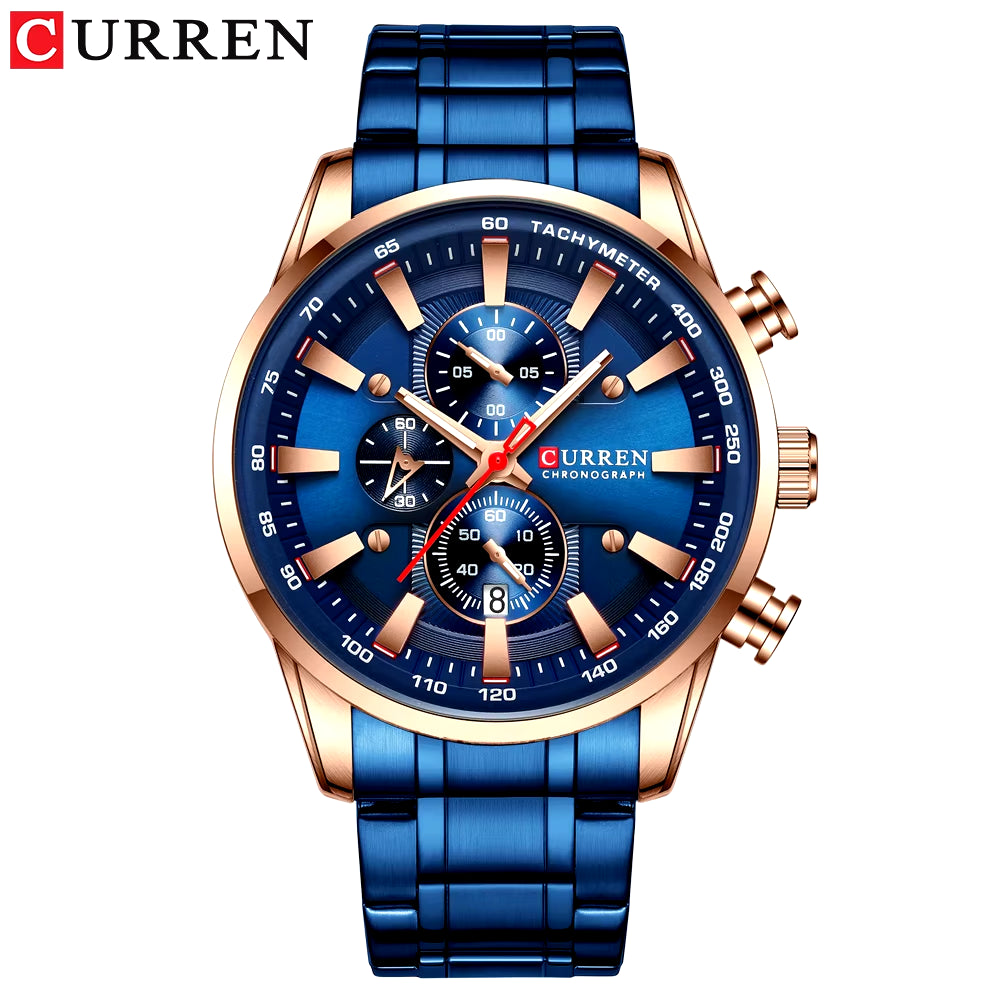 Man Watches Luxury Sporty Chronograph Wristwatches for Men Quartz Stainless Steel Band Clock Luminous Hands